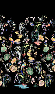 A wallpaper with a black background featuring a floral and botanical pattern with heron silhouettes. Heron Garden Wallpaper in Ink Black | Sarah Gordon Design