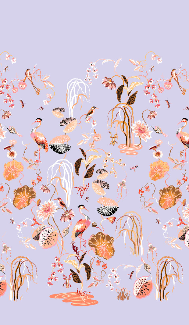 A wallpaper featuring a floral design with lilac and coral hues, incorporating images of birds and botanical elements. Heron Garden Wallpaper in Lilac & Coral | Sarah Gordon Design