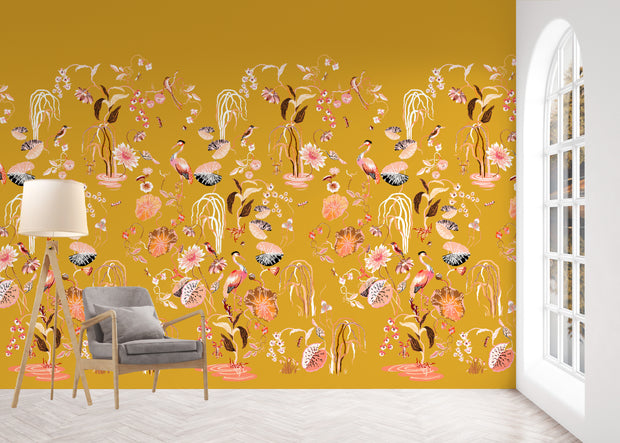 Heron Garden Wallpaper in Ochre & Coral | Sarah Gordon Design