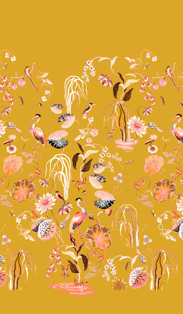 Heron Garden Wallpaper in Ochre & Coral | Sarah Gordon Design