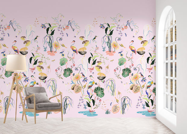 Heron Garden Wallpaper in Shell Pink | Sarah Gordon Design