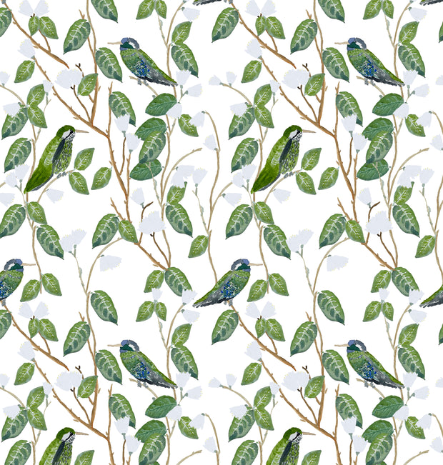 A wallpaper featuring green leaves and blue hummingbirds on a white background. White Hummingbirds Designer Wallpaper | Luxury Wall Covering