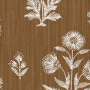 A wallpaper with a floral pattern in white on a brown background. Copper - Harwick Botanical Wallpaper by Panel