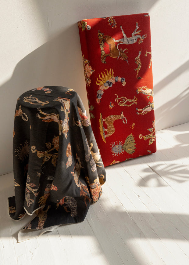Black - Bestiary Fabric - Cotton Linen Half Drop Print | Supply Showroom