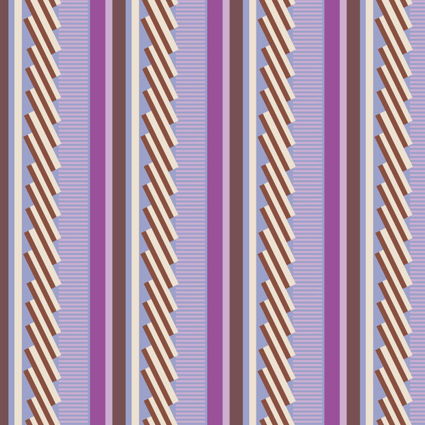 A wallpaper with a geometric pattern featuring stripes in various shades of purple, brown, and white - Inez Plum - Inez Plum Wallpaper - Toll Coated Non-Woven, Straight Match | Supply Showroom