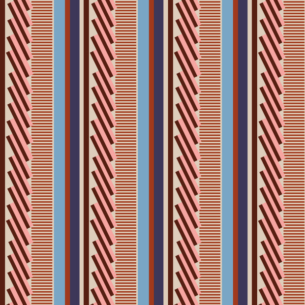 A fabric featuring a geometric pattern with a variety of stripes in different colors including blue, brown, and pink.
