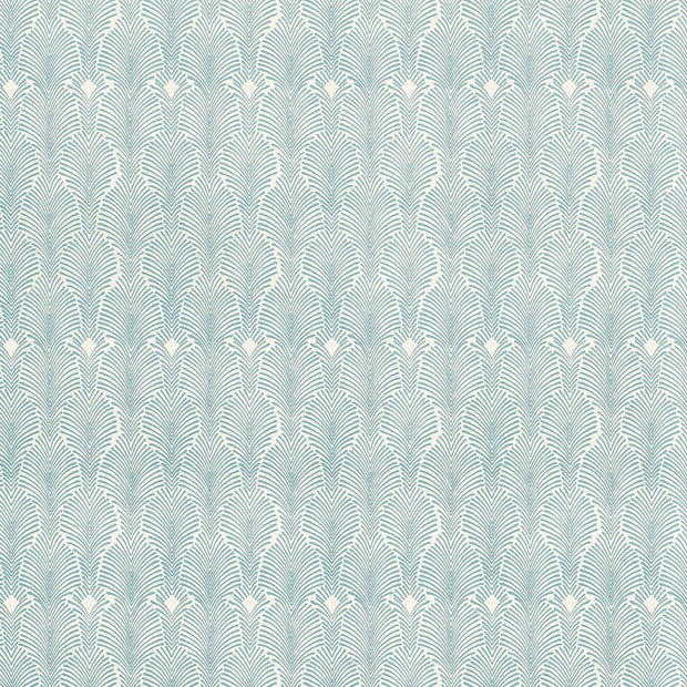 A wallpaper with a blue background and a geometric pattern of white stripes resembling palm leaves. Buttery Blue Wallpaper – Deco Stripe | Clay Coated by the Yard