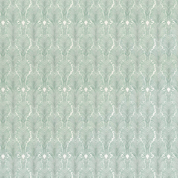 A section of wallpaper with a green and white striped pattern, representing a part of the seafoam color palette. Seafoam Wallpaper – Deco Stripe | Clay Coated by the Yard