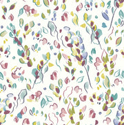 A wallpaper with a floral pattern in various colors including blue, green, pink, and yellow.