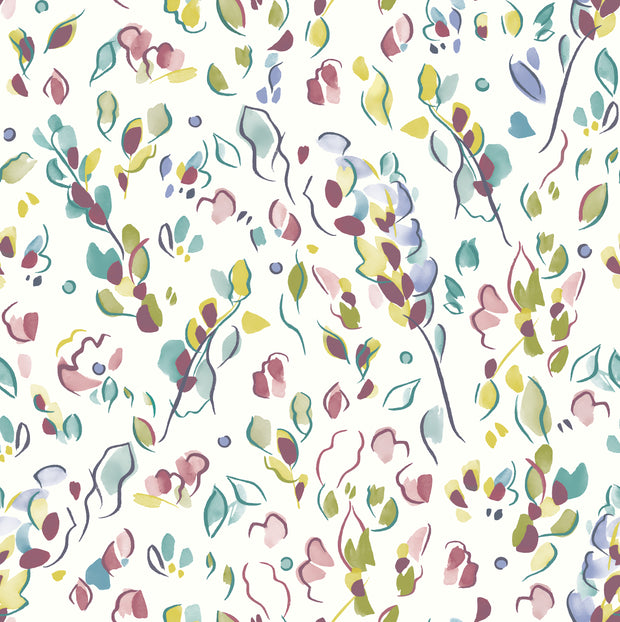 A wallpaper with a floral pattern in various colors including blue, green, pink, and yellow.
