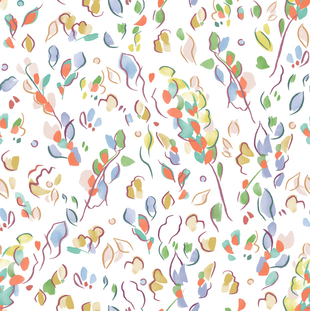 A wallpaper with a floral pattern in various colors including beige, blue, green, orange, and white. Abigail Summer Wallpaper | Bright Non-Woven 10m Roll