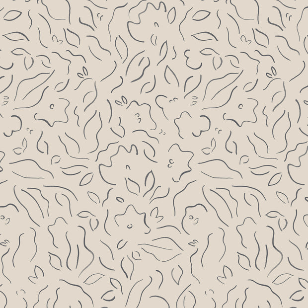 A close-up image of a beige wallpaper with an abstract floral pattern. Sarah Louise Charcoal Wallpaper | Elegant Non-Woven Roll