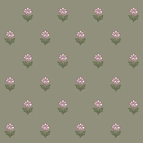 A wallpaper with a floral pattern featuring Indian tulips in shades of green and burgundy.