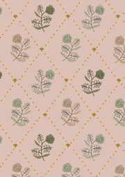 Fabric with a floral pattern featuring green, pink, and yellow colors on a light pink background.