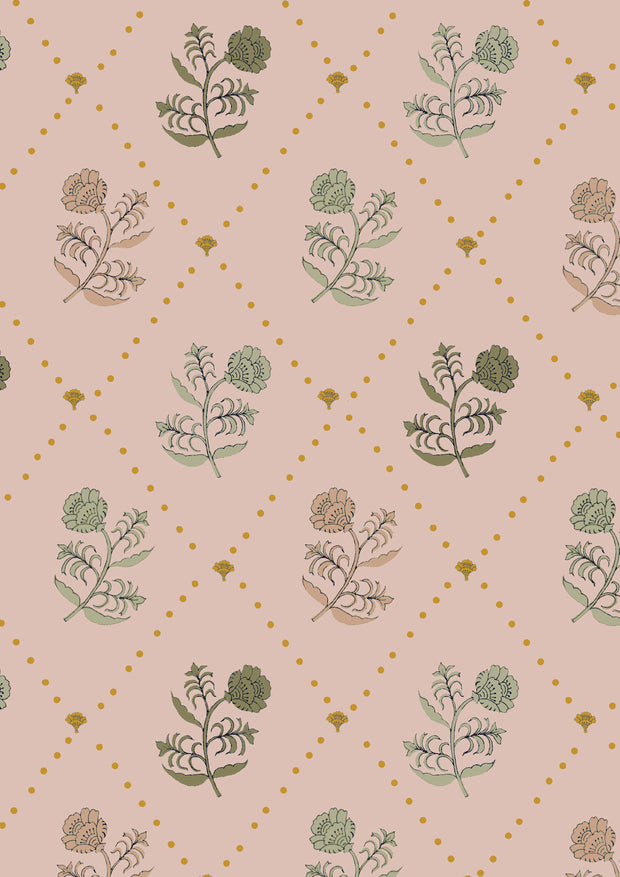 Fabric with a floral pattern featuring green, pink, and yellow colors on a light pink background.