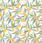 A wallpaper with a repeated geometric pattern of yellow and green kumquat fruits on a white background.