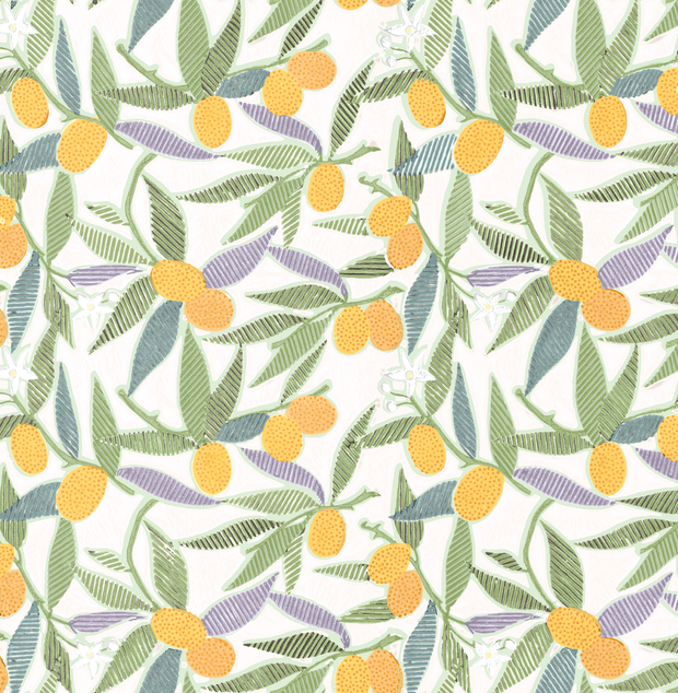 A wallpaper with a repeated geometric pattern of yellow and green kumquat fruits on a white background.
