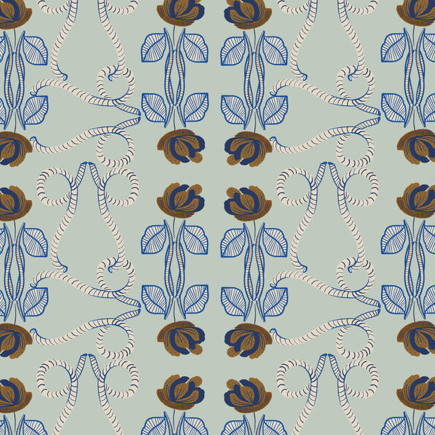 A wallpaper with a contemporary floral pattern in blue, brown, and white colors on a light background - LaRopa Blue - LaRopa Blue Wallpaper - Toll Coated Non-Woven, Straight Match | Supply Showroom