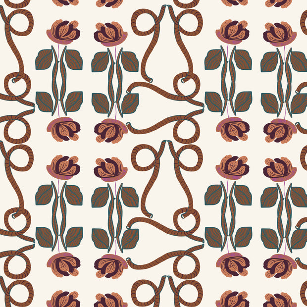 A wallpaper pattern featuring a variety of floral designs in shades of cream, brown, and pink - LaRopa Cream - LaRopa Cream Wallpaper - Toll Coated Non-Woven, Straight Match | Supply Showroom