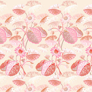 A wallpaper with a floral pattern featuring lily pads in shades of pink, cream, and white. Ecru & Blush Wallpaper – Lily Pad | 27" Clay-Coated Roll