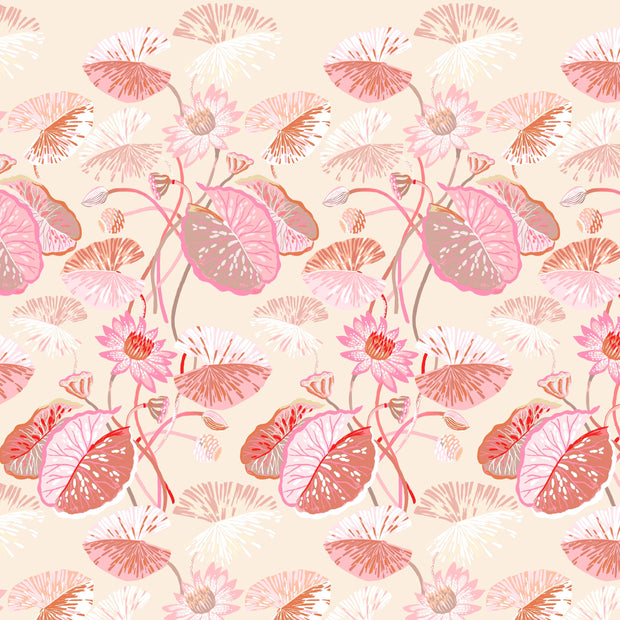 A wallpaper with a floral pattern featuring lily pads in shades of pink, cream, and white. Ecru & Blush Wallpaper – Lily Pad | 27" Clay-Coated Roll