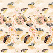A wallpaper with a floral pattern featuring lily pads in various shades of pink, cream, and black, and rattan elements. Ecru & Rattan Wallpaper – Lily Pad | 27" Clay-Coated Roll