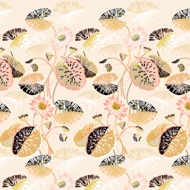 A wallpaper with a floral pattern featuring lily pads in various shades of pink, cream, and black, and rattan elements. Ecru & Rattan Wallpaper – Lily Pad | 27" Clay-Coated Roll
