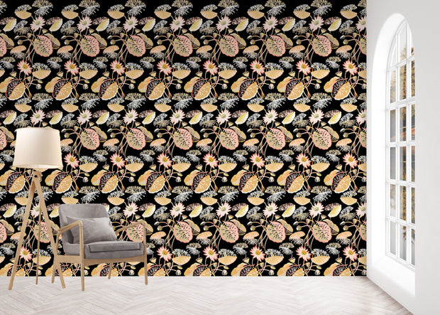 Ink Black & Rattan Wallpaper – Lily Pad | 27" Clay-Coated Roll