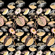 A wallpaper pattern featuring a floral design with various flowers in shades of pink, cream, and black, on a black background. Ink Black & Rattan Wallpaper – Lily Pad | 27" Clay-Coated Roll
