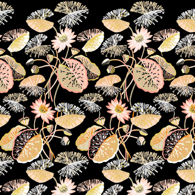 A wallpaper pattern featuring a floral design with various flowers in shades of pink, cream, and black, on a black background. Ink Black & Rattan Wallpaper – Lily Pad | 27" Clay-Coated Roll