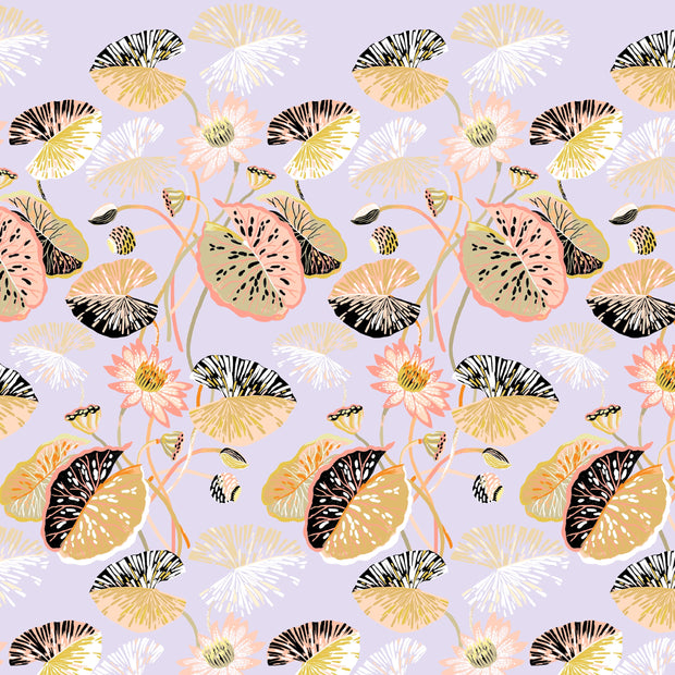 A wallpaper pattern featuring a botanical floral design with lilac, pink, and purple colors, and a rattan texture. Lilac & Rattan Wallpaper – Lily Pad | 27" Clay-Coated Roll