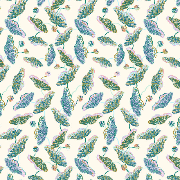 A wallpaper pattern featuring a lotus vine design in cream and jade colors. 
Sarah Gordon Lotus Vine Wallpaper – Cream & Jade