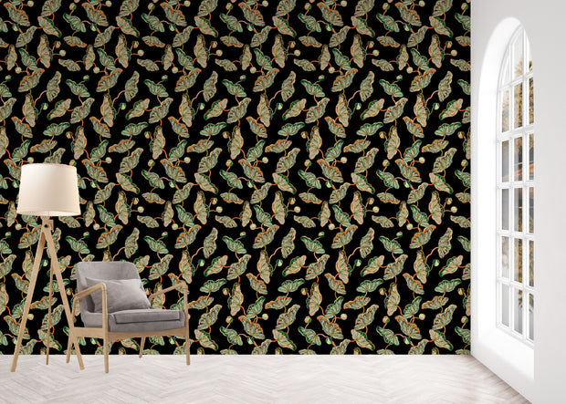 Ink Black & Coral Wallpaper – Lotus Vine | 27" Clay-Coated Roll