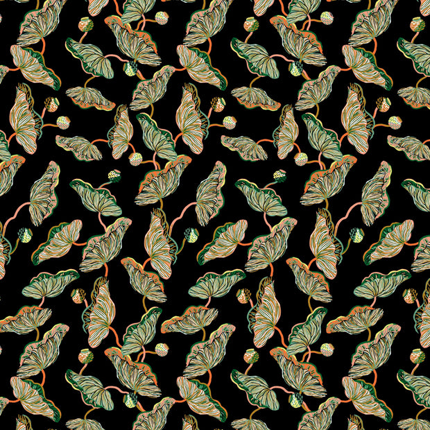 Ink Black & Coral Wallpaper – Lotus Vine | 27" Clay-Coated Roll