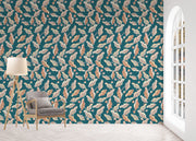 Teal & Coral Wallpaper – Lotus Vine | 27.5" Clay Coated Roll