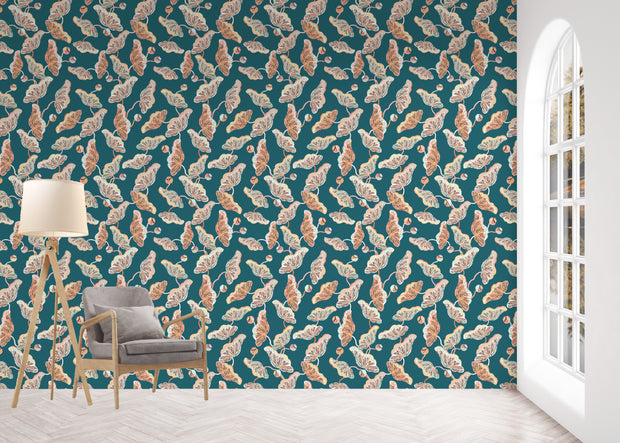 Teal & Coral Wallpaper – Lotus Vine | 27.5" Clay Coated Roll