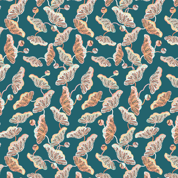 Teal & Coral Wallpaper – Lotus Vine | 27.5" Clay Coated Roll