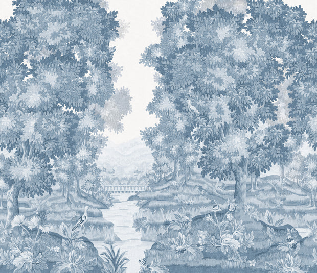 A section of wallpaper depicting a blue and light blue botanical pattern with trees and a body of water.