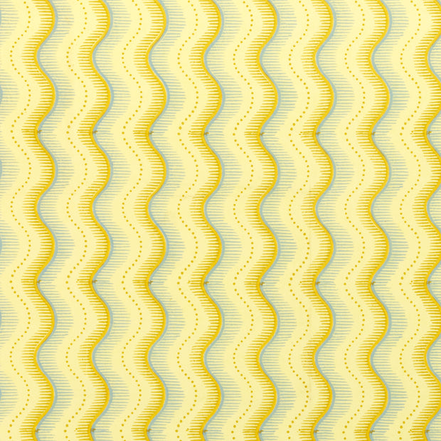 A yard of lemon-colored fabric with a striped pattern featuring wavy lines and small zippered details.