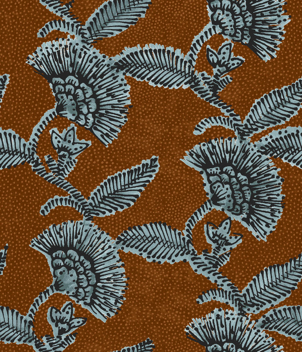 Russet/Cornflower Fabric – Louise Floral, Linen & Cotton Blend, 54" Width