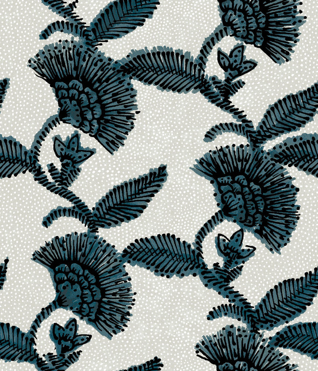 Shale/Navy Fabric – Louise Floral, Linen & Cotton Blend, 54" Width