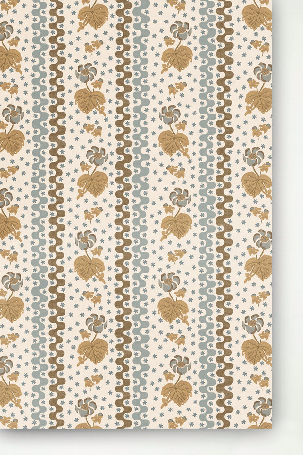 A wallpaper with a floral pattern featuring beige, blue, and brown colors, and a traditional striped design.