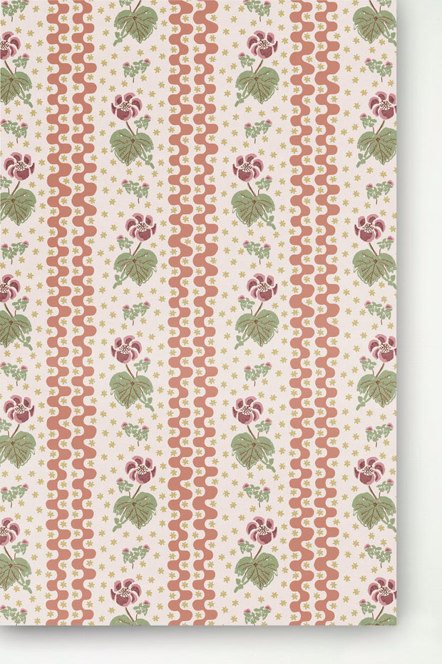 A wallpaper with a floral pattern featuring beige, green, orange, and pink colors, and traditional stripes.