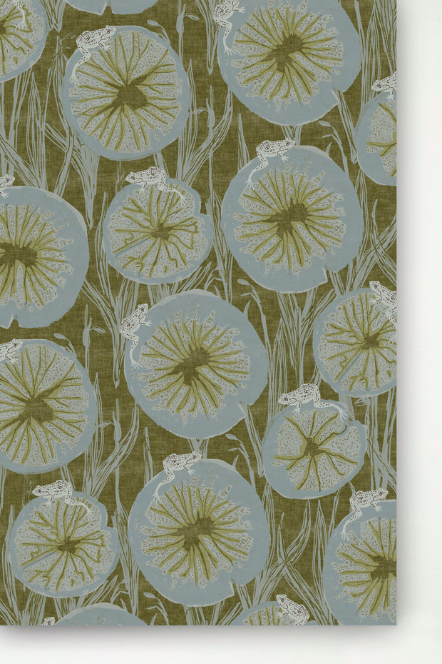 A panel of wallpaper with a botanical pattern featuring a green background and blue and white floral designs - Fern Green - Billie Wallpaper - Traditional Non-Woven, Panel | Supply Showroom
