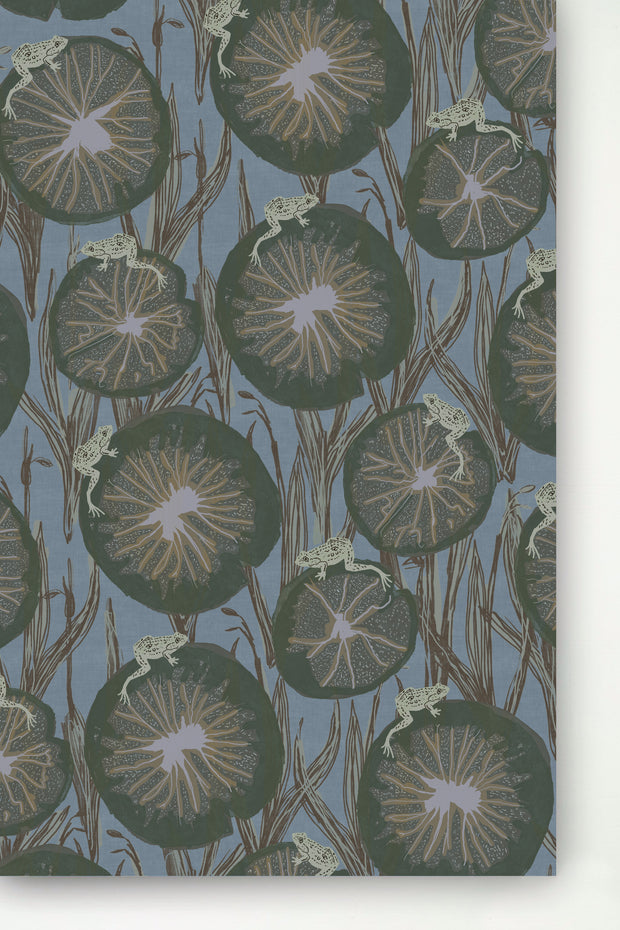 A wallpaper panel featuring a repeating pattern with stylized foliage and what appears to be crab-like creatures - Lake - Billie Wallpaper - Traditional Non-Woven, Panel | Supply Showroom