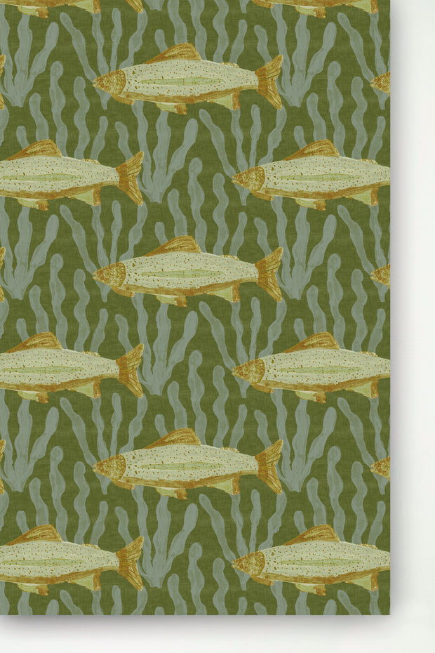 A panel of moss green wallpaper with a graphic pattern of fish in shades of blue and yellow - Moss Green - Brooks Wallpaper - Traditional Non-Woven, Panel | Supply Showroom