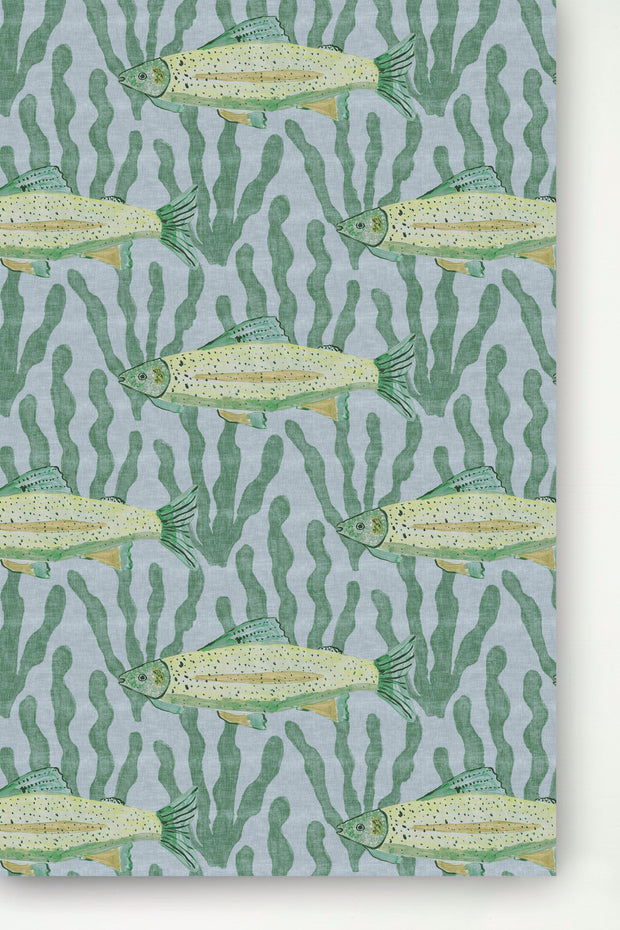 A wallpaper panel featuring a repeating pattern of fish and aquatic plants in blue and green tones - Ocean Blue - Brooks Wallpaper - Traditional Non-Woven, Panel | Supply Showroom