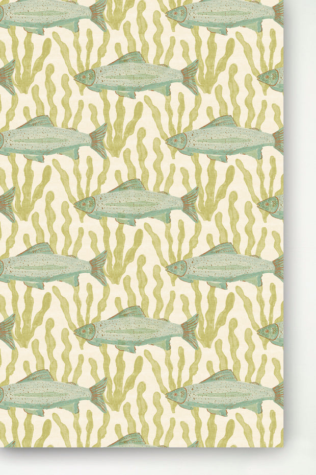 A wallpaper panel featuring a seafoam green color with a pattern of fish and aquatic plants.