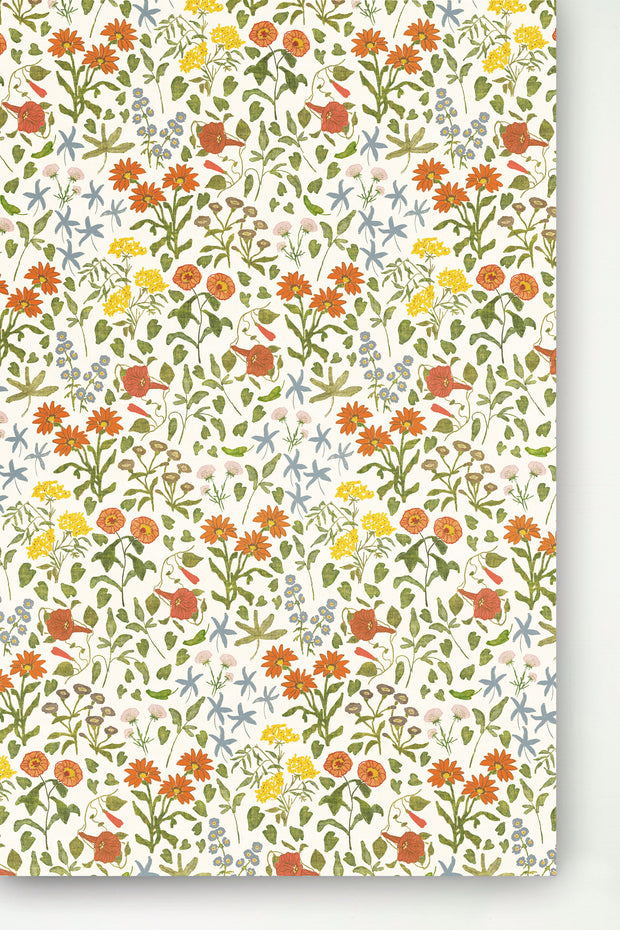A wallpaper with a floral pattern featuring various colors including beige, blue, green, orange, red, and white, repeated over and over again.