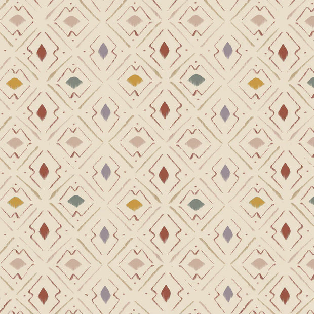A wallpaper with a geometric pattern featuring various colors such as beige, grey, orange, pink, purple, red, and yellow - Cinnamon Tobacco Wallpaper – Lulu Collection | Coated Parchment